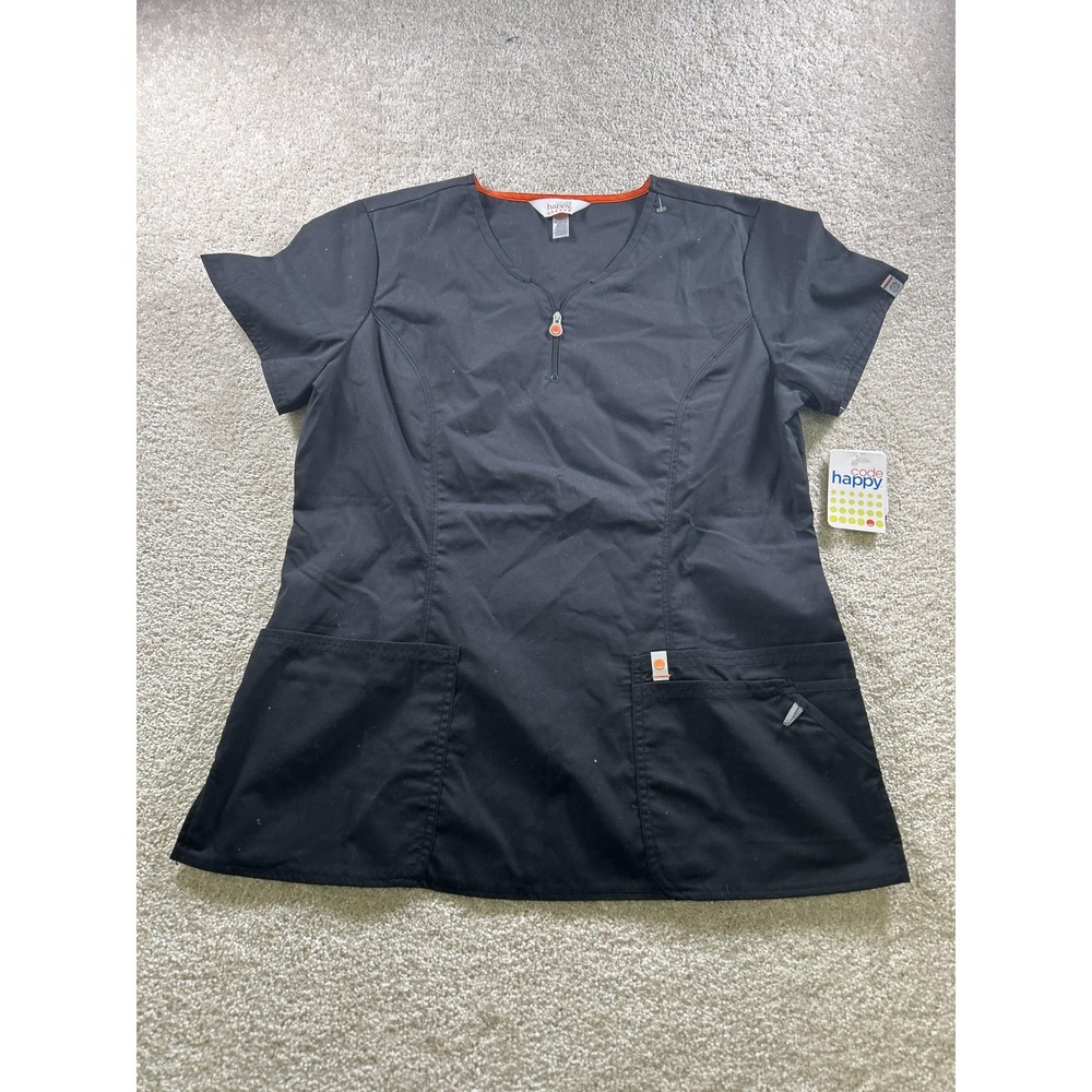 Code Happy Scrub Top Womens Medium Black Zip V-Neck Pockets‎ Certainty Plus